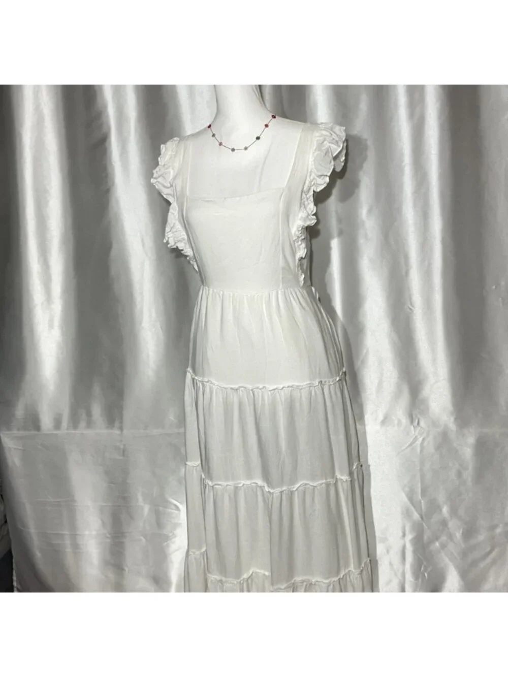 White Ruffle Sleeve Tiered Maxi Dress With Square Neckline size L - Picture 3 of 11